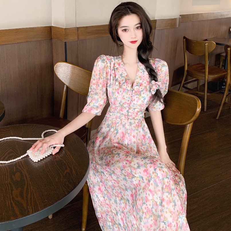 ẢNH THẬT ]Váy hoa cúc màu hồng dáng dài qua gối, váy hoa tay bồng hàng Quảng Châu | Shopee Việt Nam