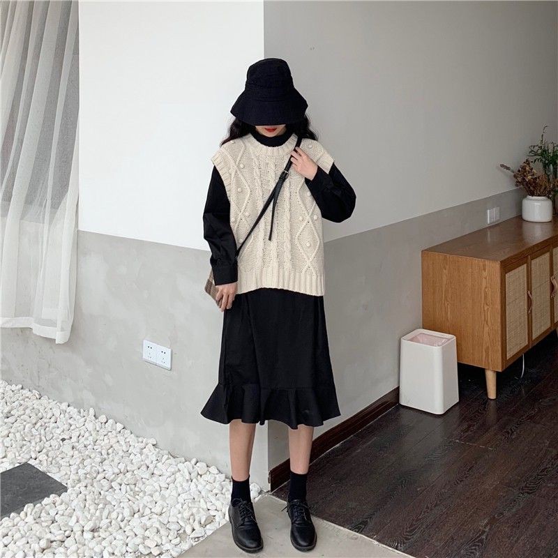 ORDER] Set váy suông tay dài mix chân bèo + áo gile len thừng dáng rộng Hàng Quảng Châu | Shopee Việt Nam