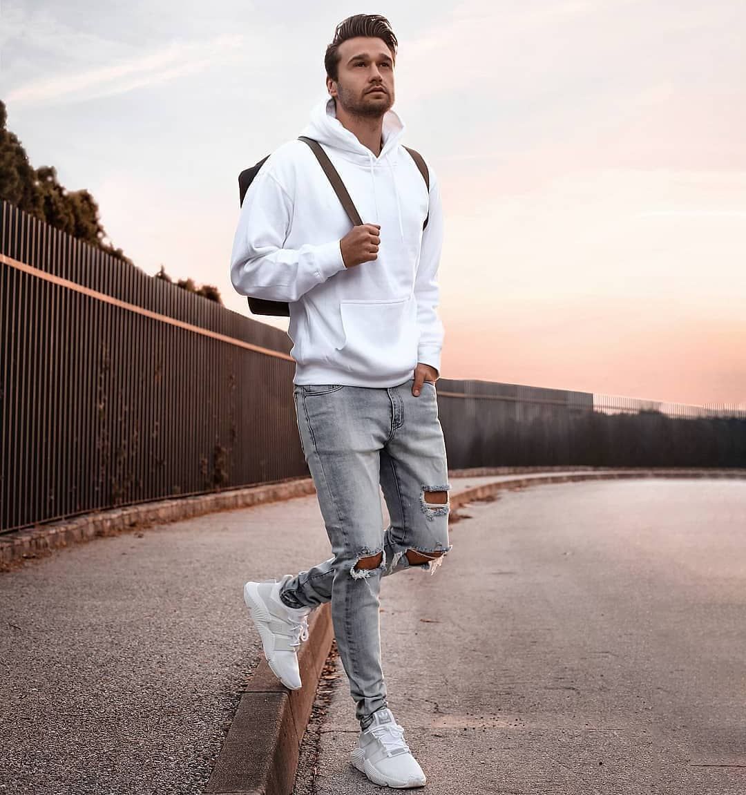 Love the white sweater and grey jeans   Thoughts? | Mens outfits, Jeans outfit men, Mens fashion casual outfits
